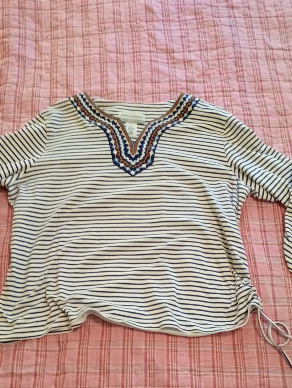 Alfred Dunner White and Navy Striped Embroidered V-Neck Long Sleeve Top